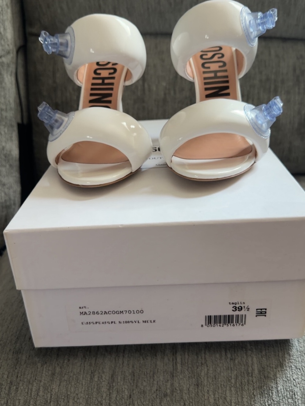 Moschino White Patent Leather Open-Toe Heel Sandals with Ankle Strap